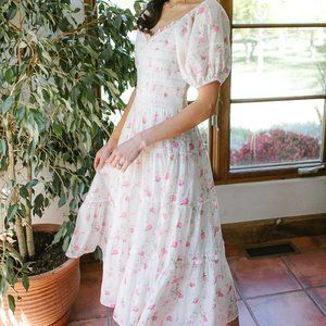 Ivy City Tea Party Rose Floral Pink White Smocked Cotton Dress
